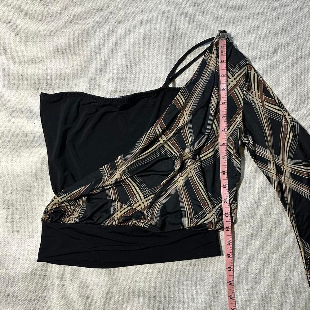 Rave Women's Small Black/Brown Abstract One Shoulder Top with Flared Sleeve - Picture 6 of 7